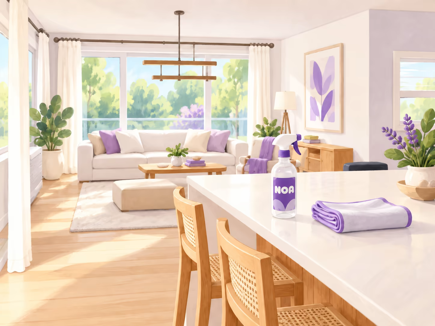 A bright, freshly cleaned living room and kitchen with a folded cloth on the counter